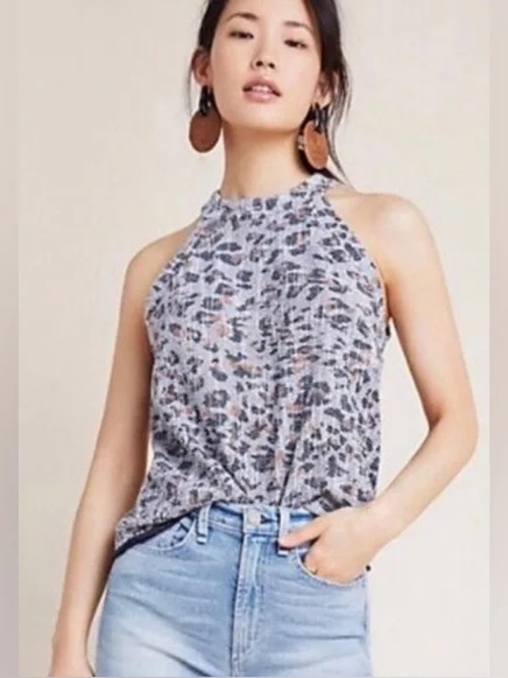 NWT‎ Anthropologie W5 Knitted Fringe Mock Neck Animal Print Tank Top Small